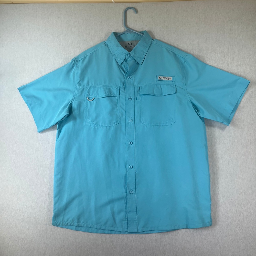 Realtree Fishing Shirt Mens Large Blue Grotto Short Sleeve Vented Button Down